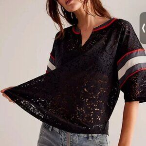 Free People We The Free Gaming Tee Small Black Lace Top with Striped Sleeves XS